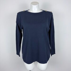 Michael Kors Navy Long-Sleeve Crewneck Top with Gold Shoulder Buttons